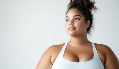 Fototapeta premium Realistic studio photo of big fat female model with big breasts wearing bodysuit with thin straps standing next white wall while soft lighting enhances minimalistic professional fashion aesthetic
