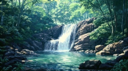 Naklejka premium Serene waterfall cascading into a tranquil pool amidst lush forest