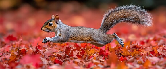 Grey squirrel leaping over autumn leaves.