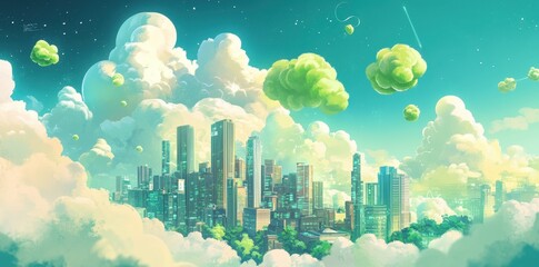 A vibrant cityscape floats amidst surreal green and white clouds