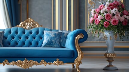 Luxurious blue velvet sofa with gold accents in an elegant room, next to a large vase of pink roses.