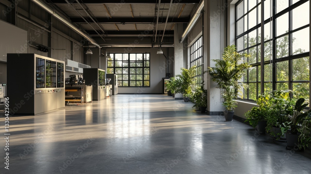 Poster bright afternoon light streams through large windows in a modern workspace filled with greenery. the
