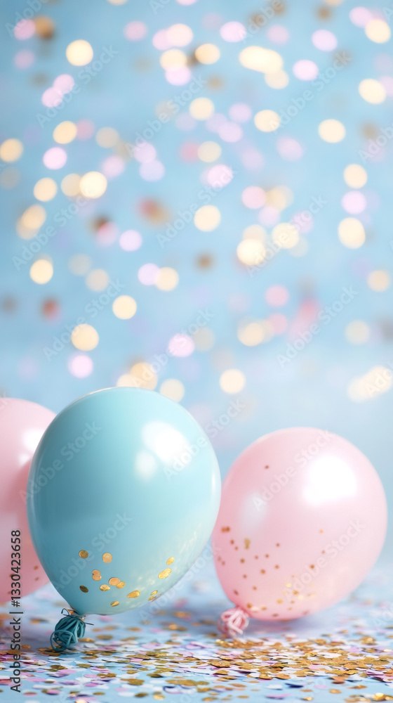 Poster pastel blue backdrop featuring golden-flecked light blue and pink balloons, creating festive party a