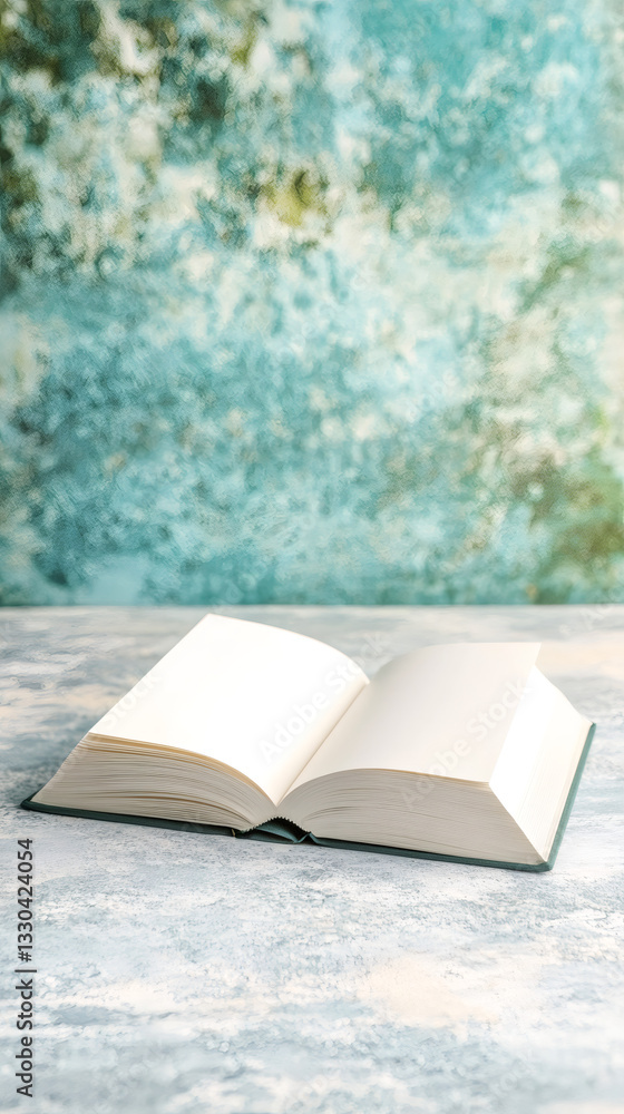 Poster blank book pages spread open on wooden surface, inviting personalized content with rustic textured b