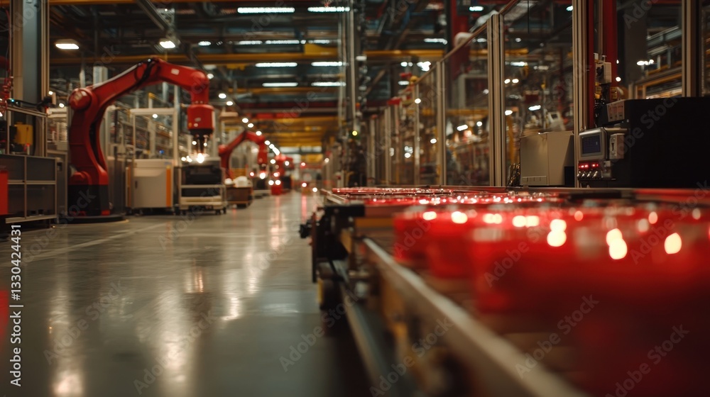 Poster robotic arms efficiently handle tasks along a conveyor belt in a bustling manufacturing facility dur