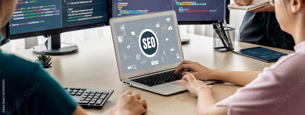 Poster seo search engine optimization for brisk e-commerce and online retail business showing on computer s