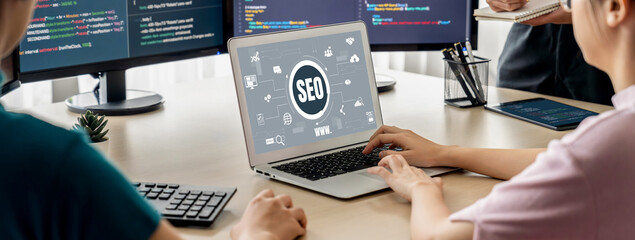 SEO search engine optimization for brisk e-commerce and online retail business showing on computer...