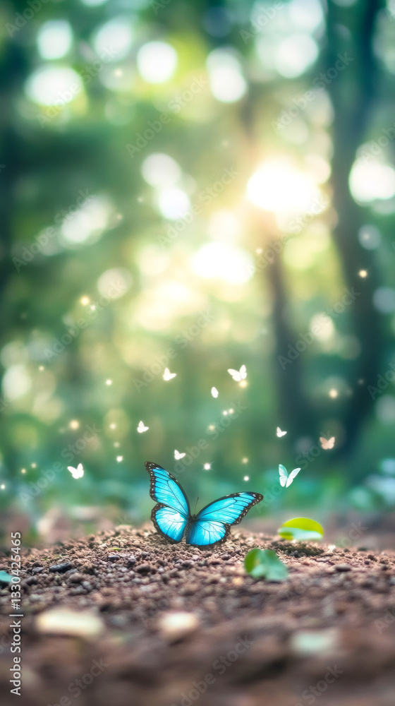 Poster beautiful blue morpho butterfly resting on the ground with other butterflies flying around in an enc