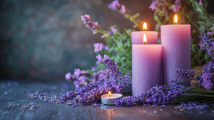 Purple Candles and Lavender Flowers in Soft Lighting 