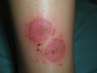 Fototapeta premium Swollen bite marks on a leg in macro, cool tones, realistic style for medical focus.