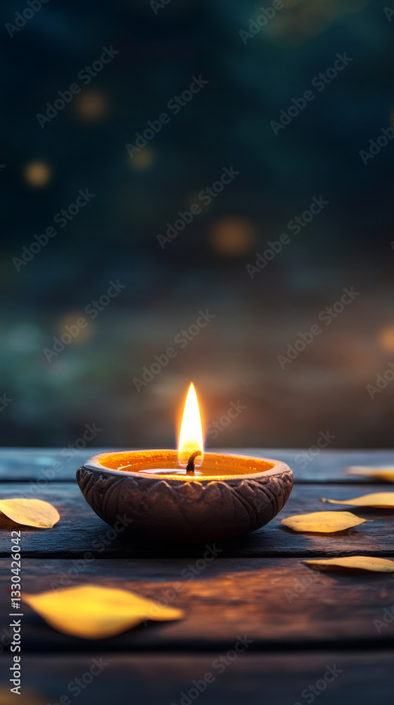 Poster small burning candle illuminating autumn leaves on rustic wooden table at dusk, creating a warm and 