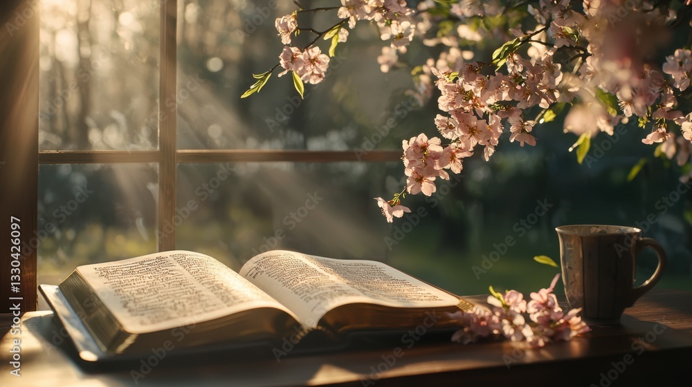 Aufkleber sunlight streams through a window adorned with cherry blossoms, highlighting an open book resting on