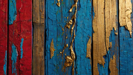 Obraz premium A rustic wooden surface transformed into an artistic abstract canvas, featuring bold splashes of vibrant acrylic paint in blue, red, and gold.