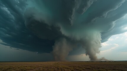 A tornado forming over the plains with swirling clouds, lightning in the distance, and debris rising from the ground, capturing a panoramic view of a violent storm.