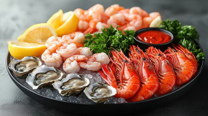 Seafood platter with shrimp, oysters, lemon, and cocktail sauce served cold on a black plate