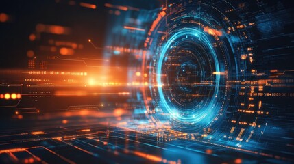 Futuristic digital interface glows with data flow