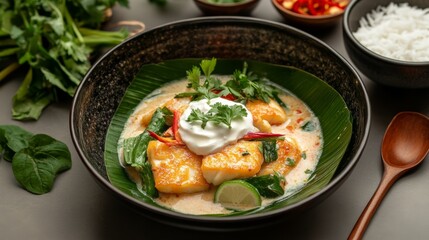 Delightful Cambodian fish amok served in a banana leaf bowl with coconut cream and herbs, showcasing vibrant Southeast Asian tableware
