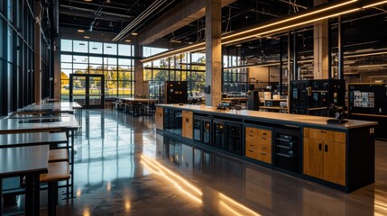 Spacious kitchen showcases a sleek design with wooden and metallic elements. Large windows allow sunlight to flood in, enhancing the modern atmosphere. Ideal for culinary activities