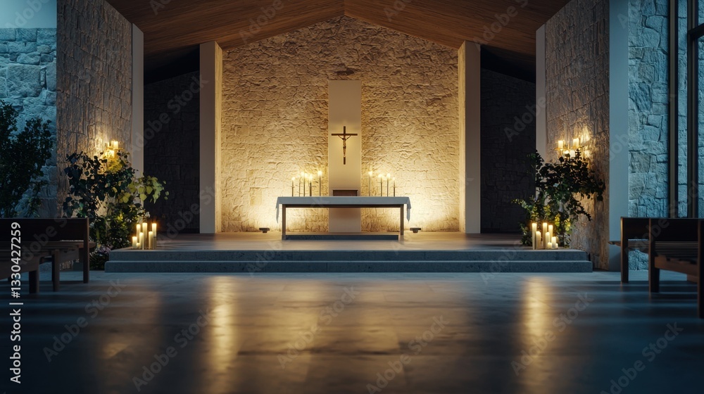 Aufkleber a quiet chapel features a simple altar illuminated by soft candlelight, creating a tranquil atmosphe