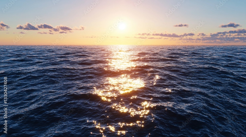 Poster golden sunlight reflects on the tranquil ocean surface, creating a sparkling effect as the day trans