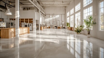 Spacious kitchen with tall windows allowing natural light to fill the area. Sleek wooden counters and potted plants enhance the contemporary design of this urban space