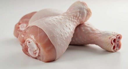 Two raw chicken drumsticks isolated on bright white background
