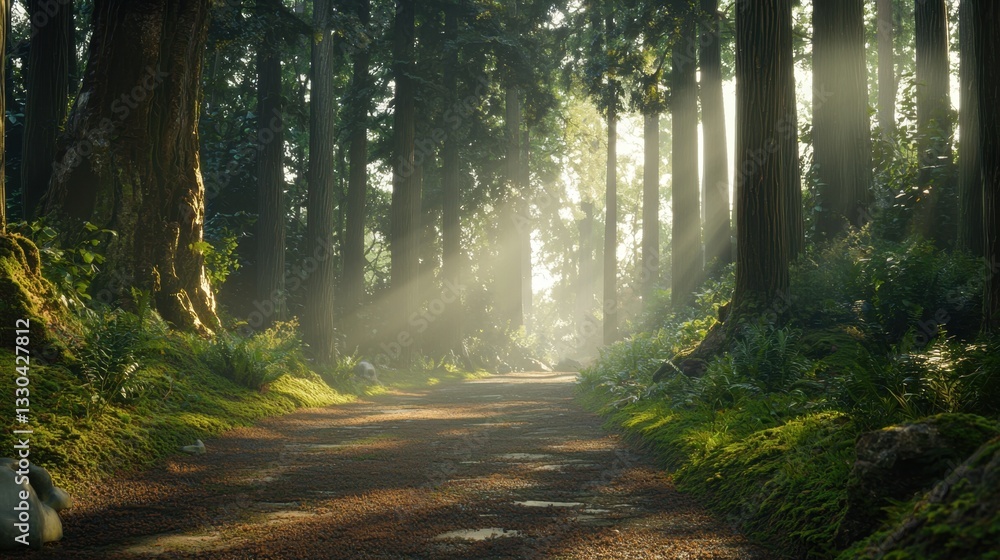 Aufkleber a tranquil forest path is illuminated by gentle sunlight streaming through tall trees, creating a pe