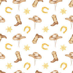 cowboy hat, cowboy boots, horseshoe, coins, revolver, sheriff badge. Watercolor seamless pattern on white background. Cute cowboy illustration for textiles and packaging