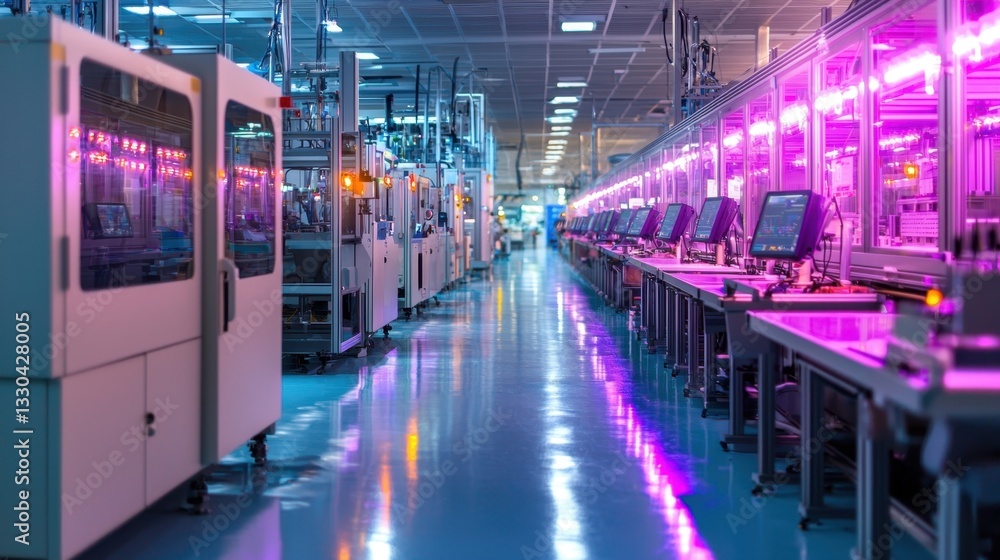 Aufkleber within a high-tech manufacturing facility, machines glow with vibrant lighting while workers operate