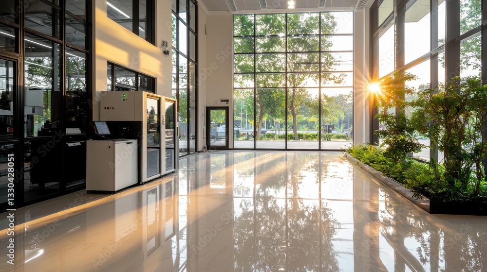 Poster sunlight filters through large windows, illuminating a spacious and modern lobby filled with natural