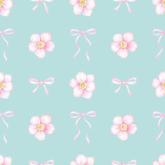 flowers, bow. Watercolor seamless pattern for textile and wrapping paper. Cute spring illustration for Valentine's Day, Mother's Day, Birthday © Мария Ронина