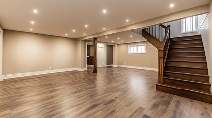 Spacious finished basement with hardwood floors, stairs, and recessed lighting.