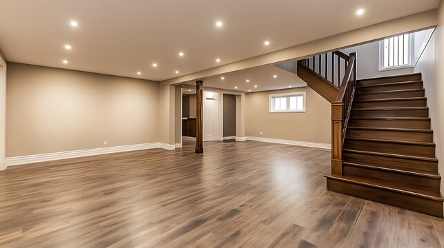 Spacious finished basement with hardwood floors, stairs, and recessed lighting.