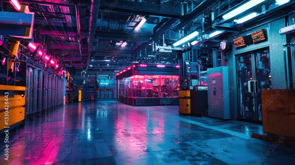 Poster the interior of a high-tech data center features vibrant pink and blue lighting illuminating rows of