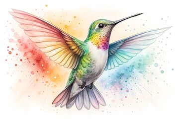 Obraz premium Colorful hummingbird in flight, vibrant watercolor splash background, artistic and detailed bird illustration with delicate feathers