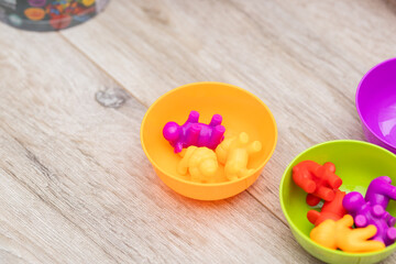 Children's color sorter for the development of fine motor skills and logic.Early child development. Colored animal figures. Sorter consisting of plates, figures and tongs.Children's games on the floor