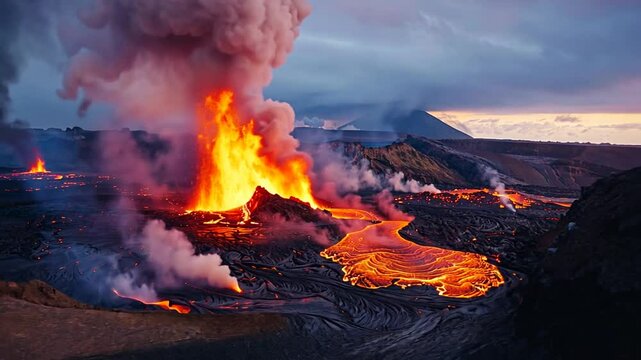 Erupierender Vulkan mit brennender Lava unter dem Abendhimmel