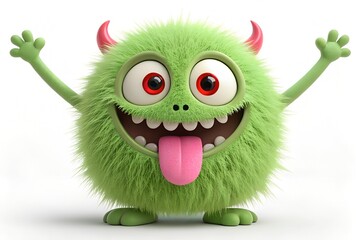 Fototapeta premium Whimsical fuzzy green cartoon monster with big red eyes, playful expression, tongue out, and tiny horns, fun character illustration