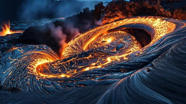 Mystische Lavawirbel formen leuchtende Muster in der Landschaft