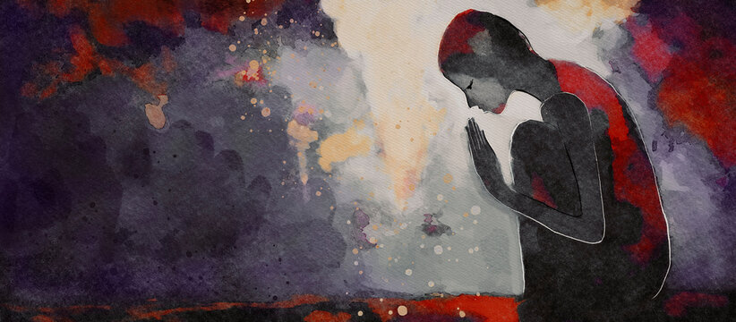 The silhouette of a figure in Reverent Prayer Seeks Divine Connection During the Lenten Season, watercolor