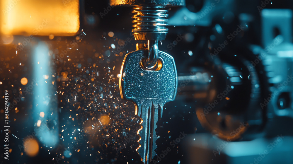 Poster close up of metal key being cut by key duplication machine in workshop with sparks