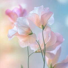 Fototapeta premium Delicate pastel sweet pea flowers in soft light, outdoor garden