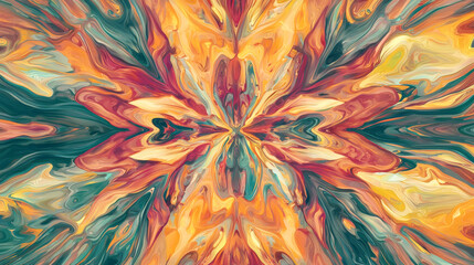 Vibrant abstract symmetrical design with multicolored swirls and dynamic patterns. Abstract background