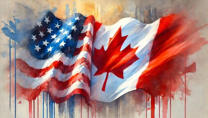 Watercolor painting of United States and Canadian flags blending together
