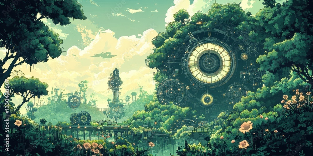 Poster an imaginative landscape portrays a futuristic structure in a forest setting