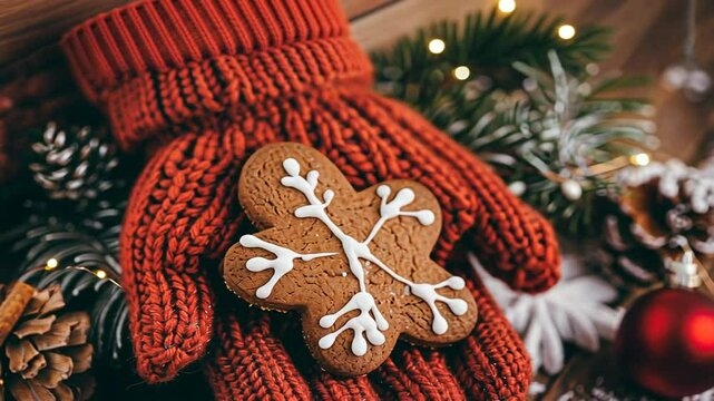 Winterhandschuhe und Lebkuchen auf verschneitem Hintergrund