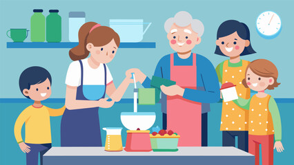A family of four generations in the kitchen with the youngest helping to measure ingredients for the dish.. Vector illustration