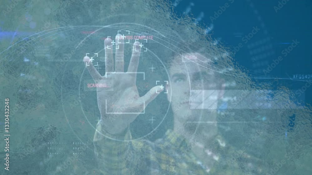 Poster scanning hand for biometric data with animation on transparent digital screen
