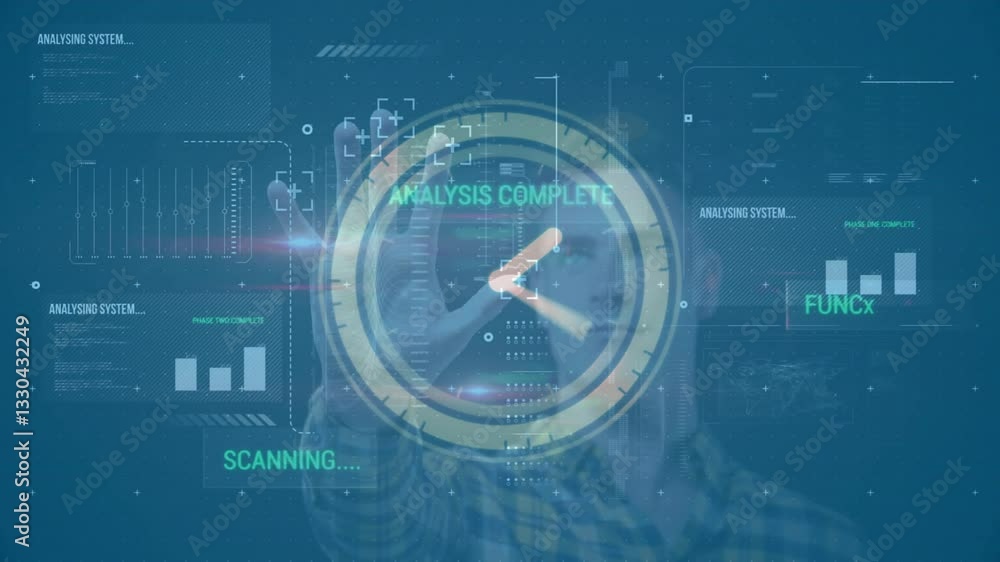 Poster animation of futuristic interface scanning and analyzing data in progress at school