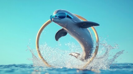 Naklejka premium Playful dolphin leaping through a ring